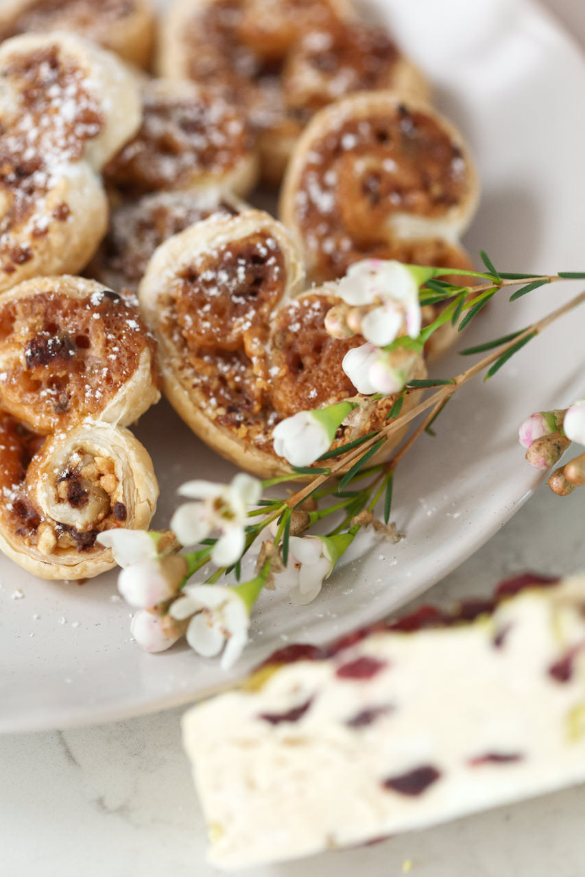 Golden brown honey nougat palmiers. Perfect snack recipe.