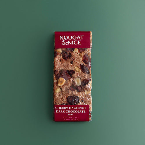 Cherry Hazelnut Dark Chocolate nougat block 150g – artisan nougat with cherries and nuts